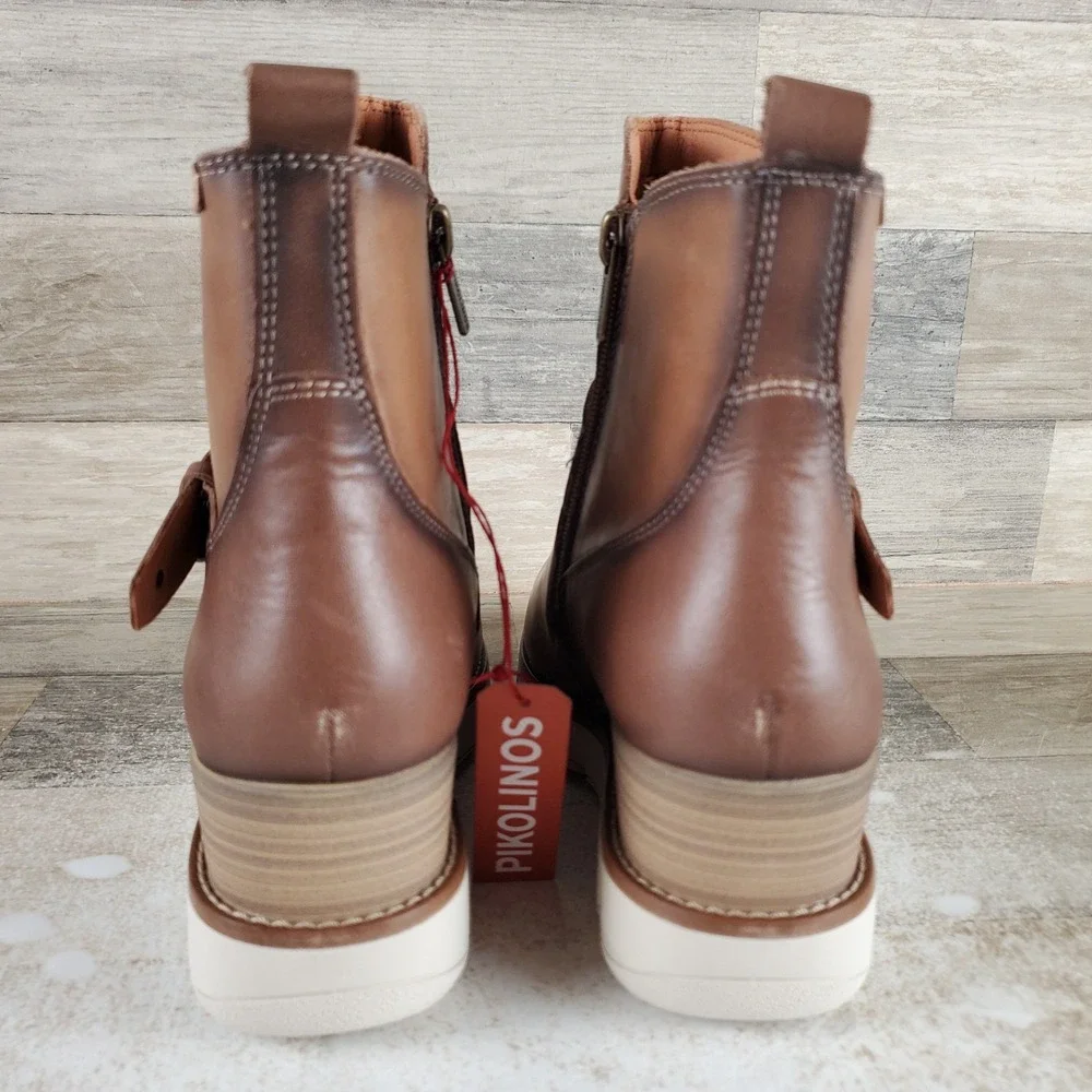 Pikolinos Sanlucar Womens Ankle Boots Sz 6.5 Brown Leather Side Zip Wedge Heel